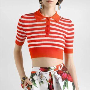Dolce & Gabbana Striped Viscose Polo Top, Orange/White, Size IT 42 / US 6